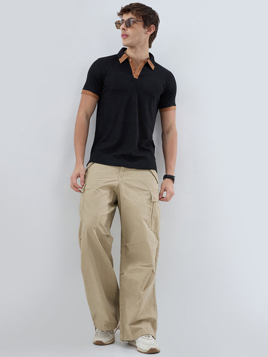 Rich Black Contrast Polo Neck Diamond Weave Knit T-shirt