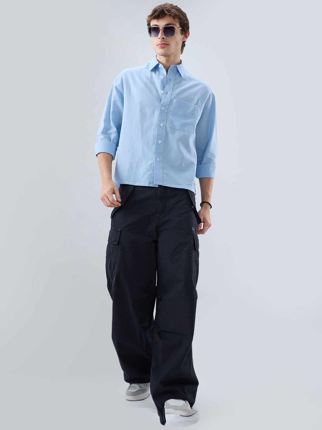 Luxe Blue Fine Sheer Linen Blend Boxy Fit Crop Shirt