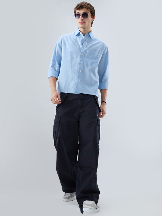 Luxe Blue Fine Sheer Linen Blend Boxy Fit Crop Shirt