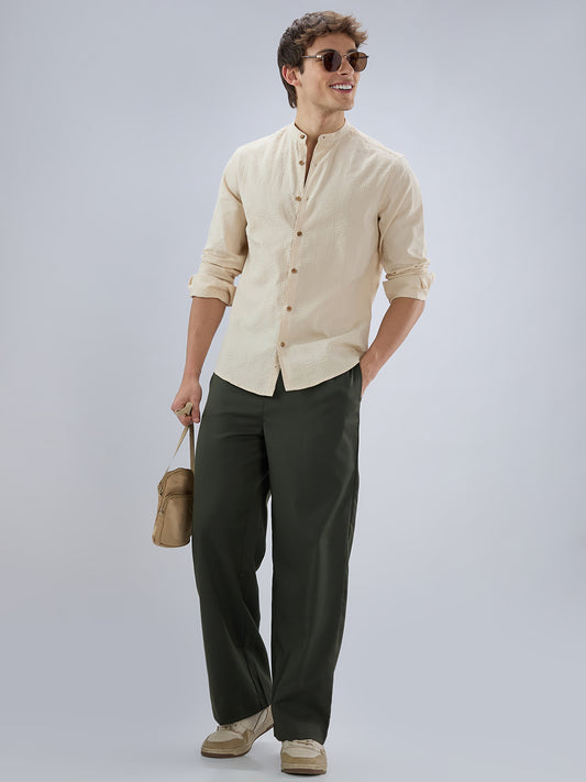 Bisque Beige Seersucker Striped Mandarin Shirt