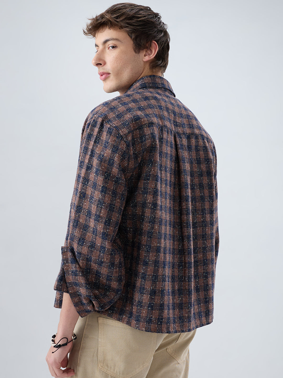 Raunak Edit Glossy Navy & Brown Checked Oversized Crop Shirt