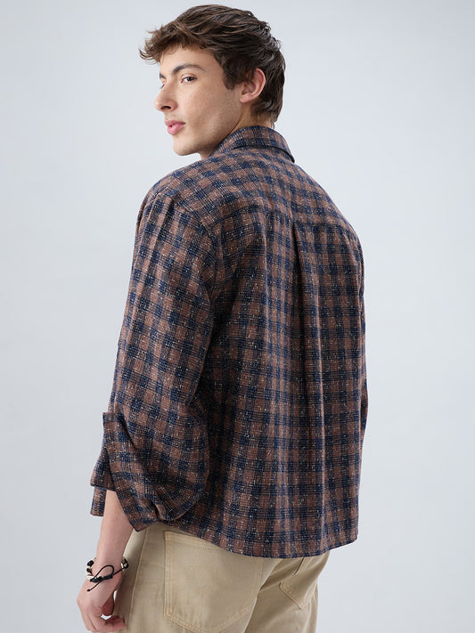 Raunak Edit Glossy Navy & Brown Checked Oversized Crop Shirt