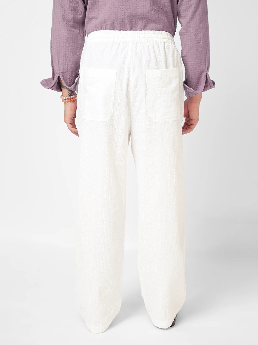 Elite White Seersucker Striped Straight Fit Trousers