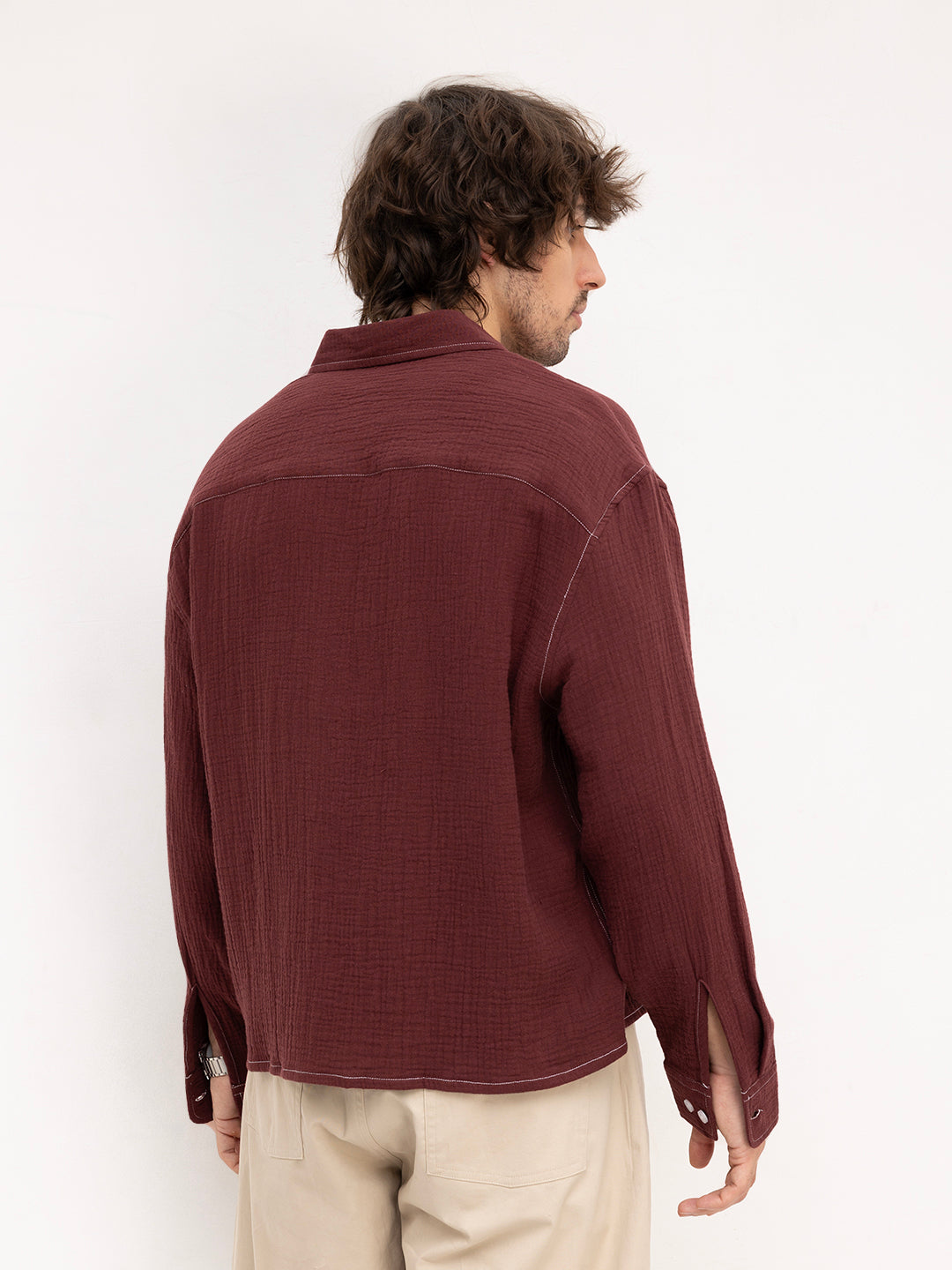 Solid Maroon Double Cloth Boxy Fit Crop Shirt