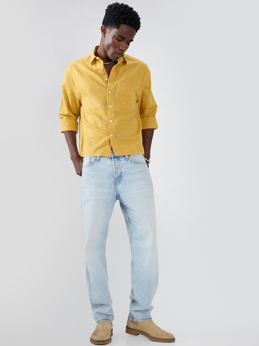 Luxe Mustard Contrast Stitch Linen Blend Boxy Fit Crop Shirt