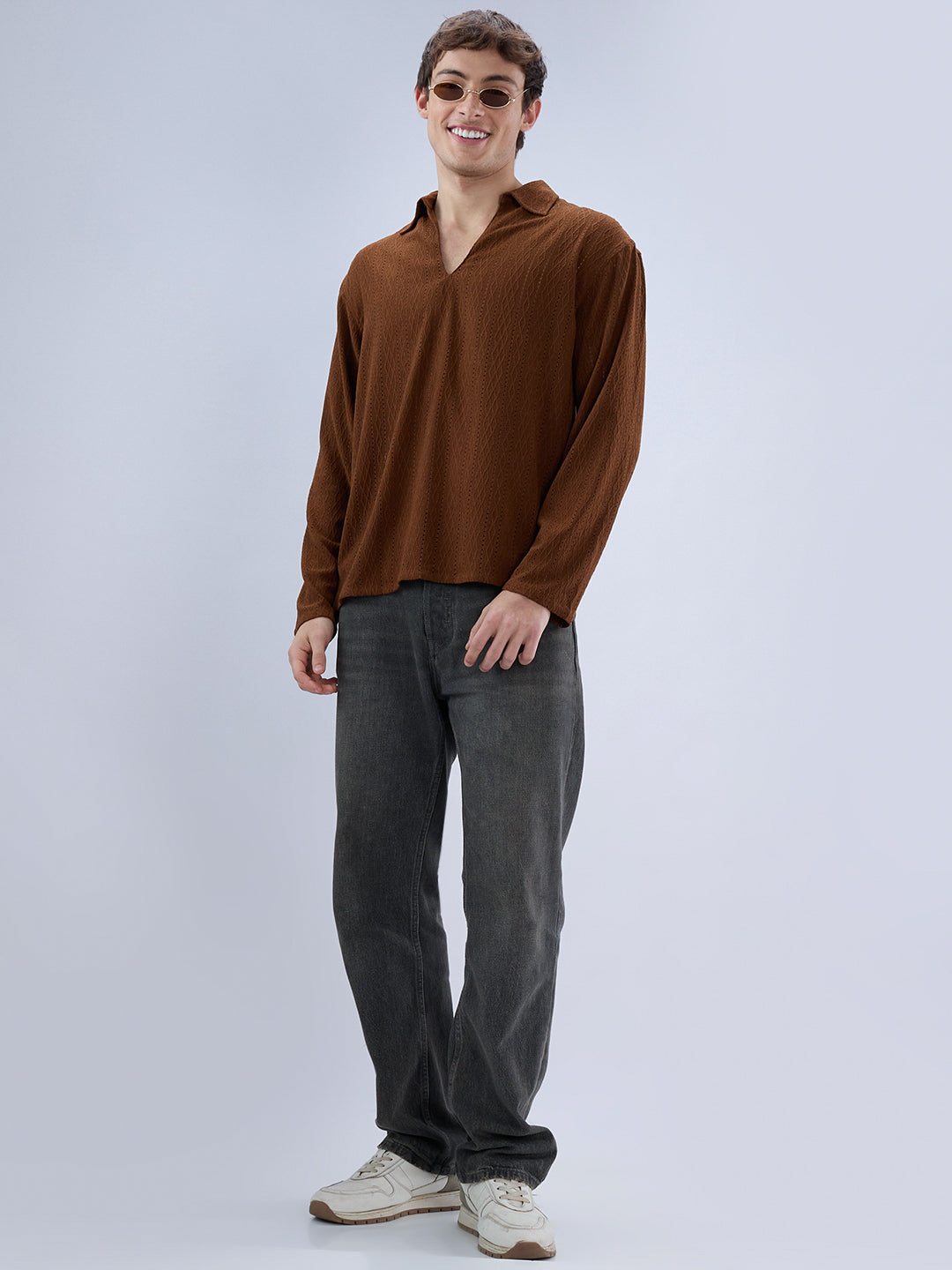Luxe Brown Fine Lozenge Weave Polo Oversized Shirt