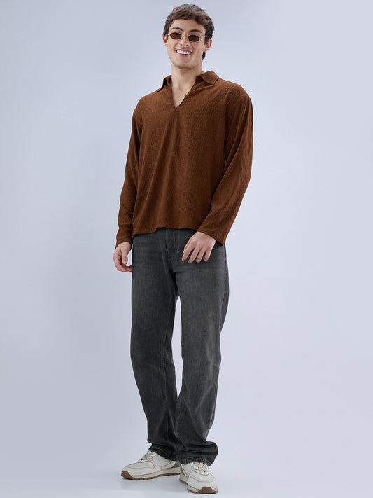 Luxe Brown Fine Lozenge Weave Polo Oversized Shirt