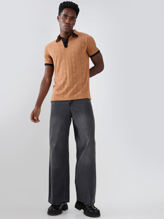 Warm Brown Diamond Weave Contrast Polo Knit T-shirt