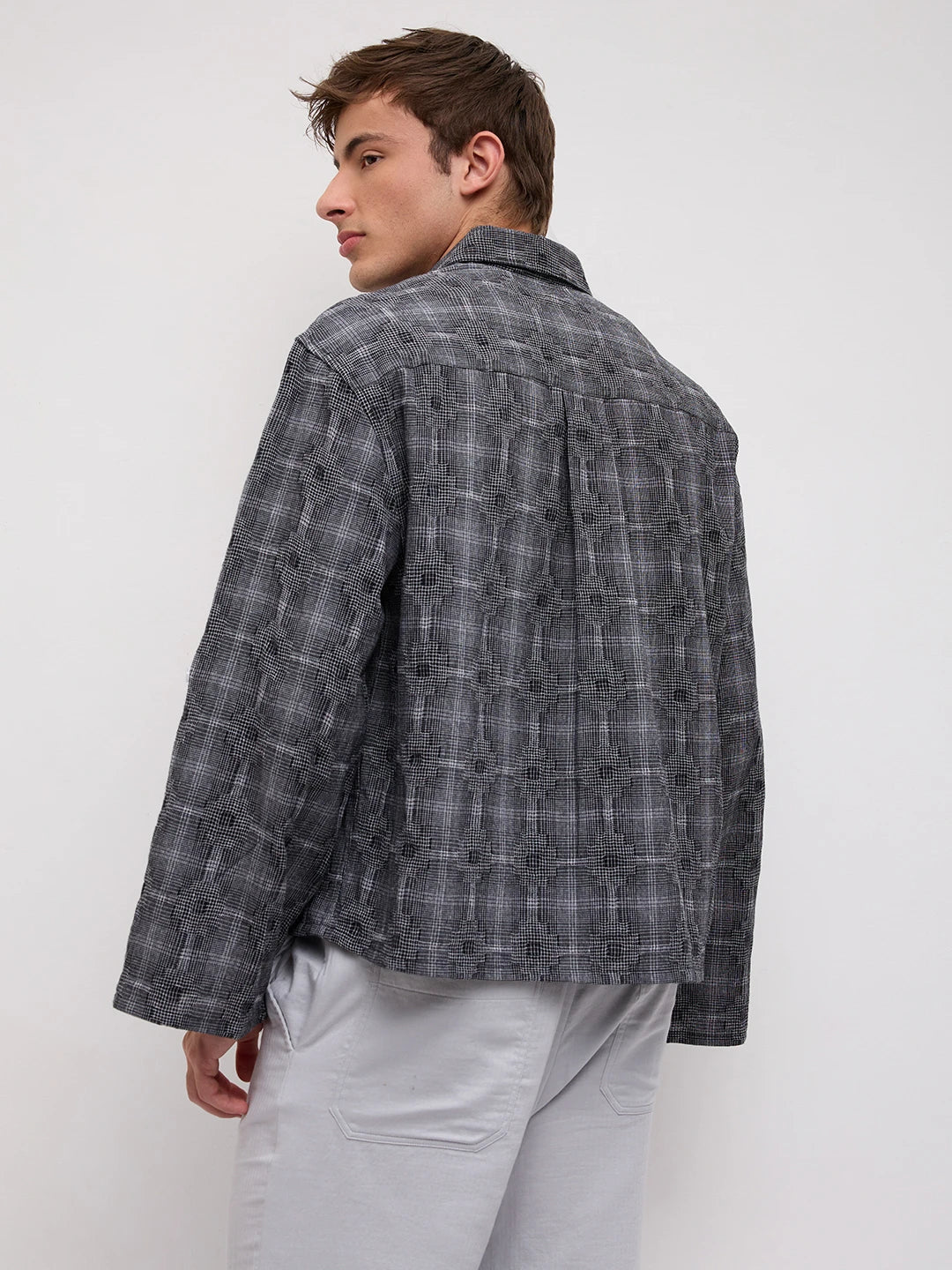 Monochrome Glitch Micro Check Matrix Cuffless Oversized Crop Shirt