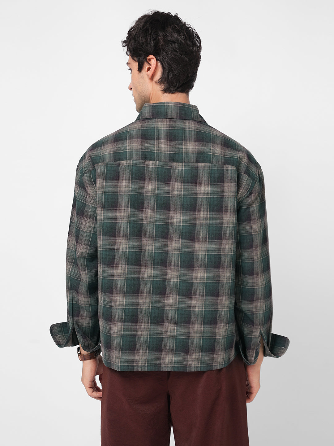 Heritage Forest Green Contrast Fine Checked Boxy Fit Crop Shirt