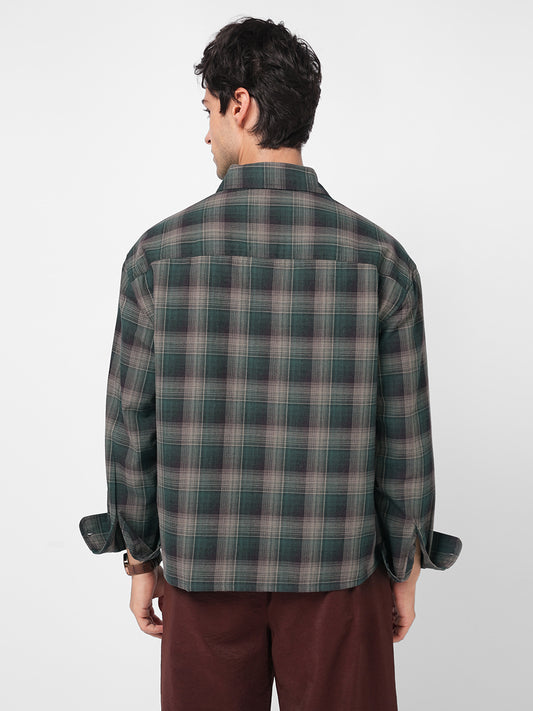 Heritage Forest Green Contrast Fine Checked Boxy Fit Crop Shirt