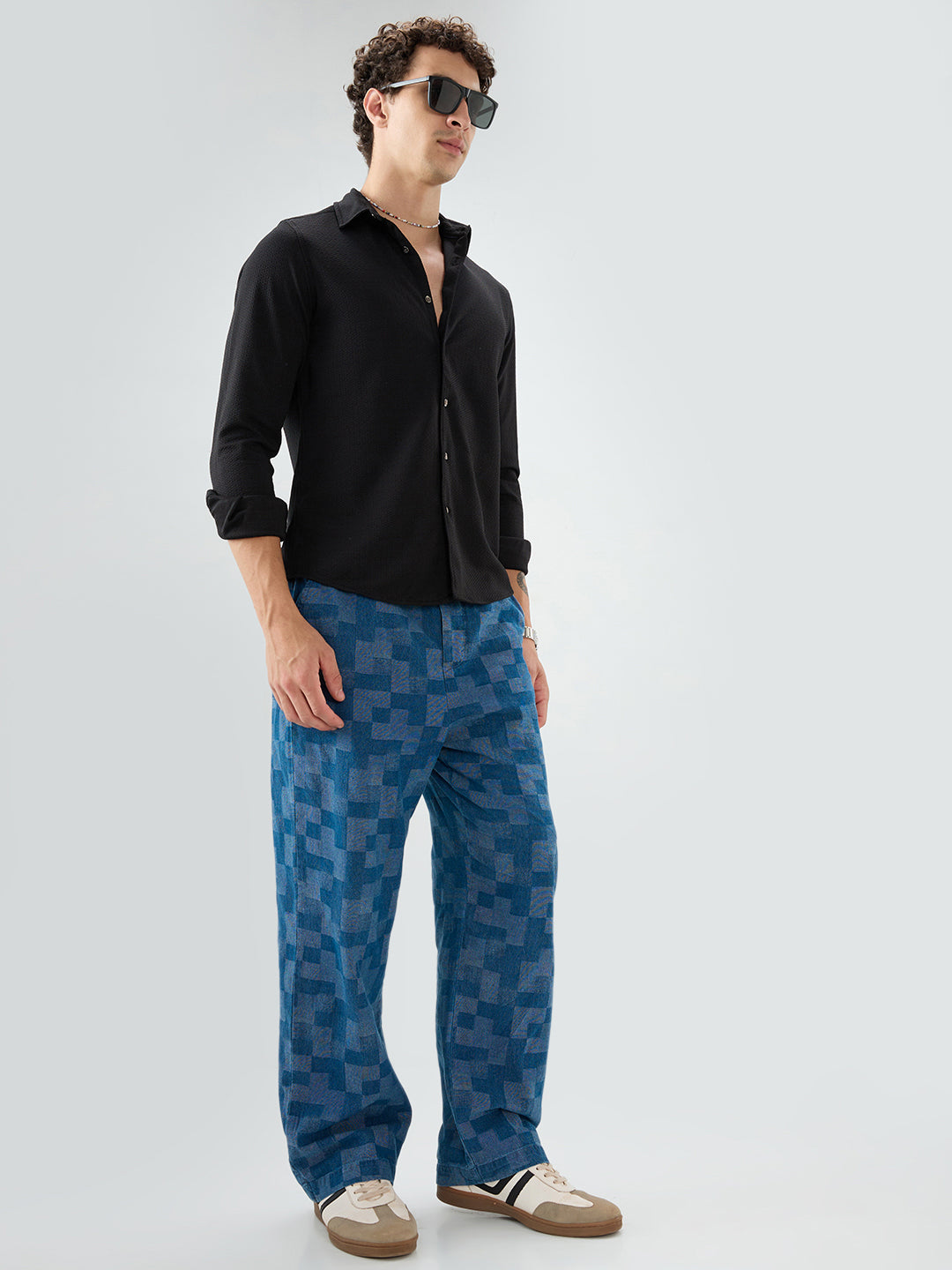 Elegant Denim Blue Box Checks Acid Wash Straight-Fit Trousers