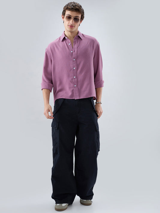 Dust Rose Blush Fine Grid Textured Boxy Fit Crop Shirt