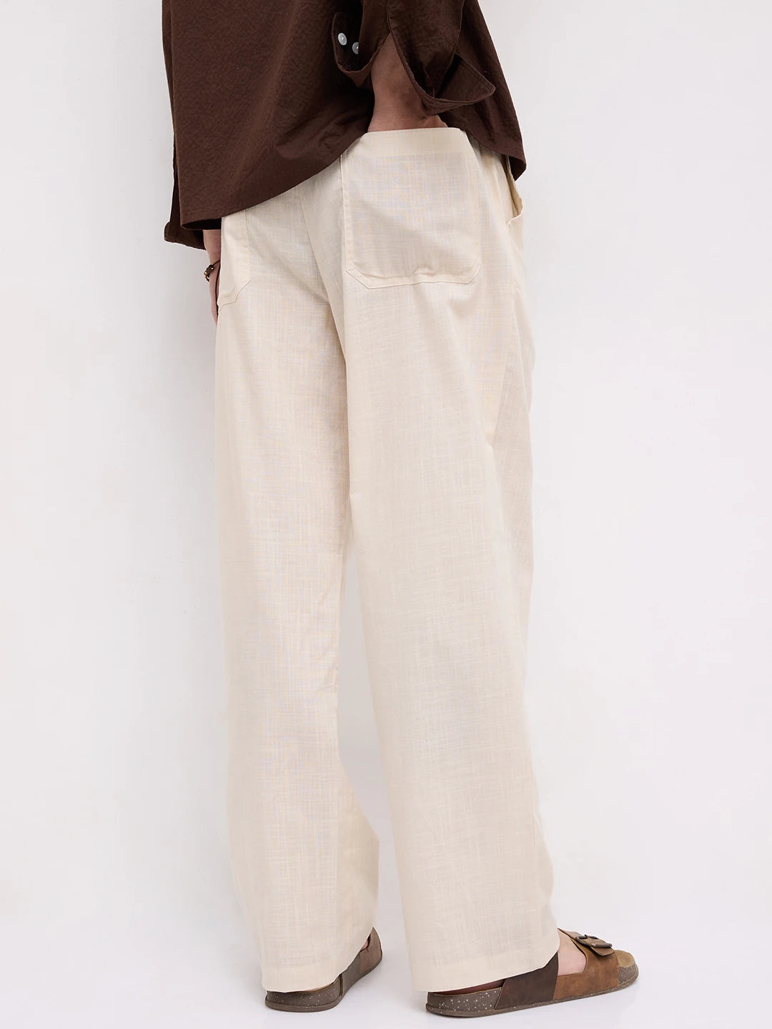 Bisque Beige Sheer Slub Textured Straight Fit Trousers