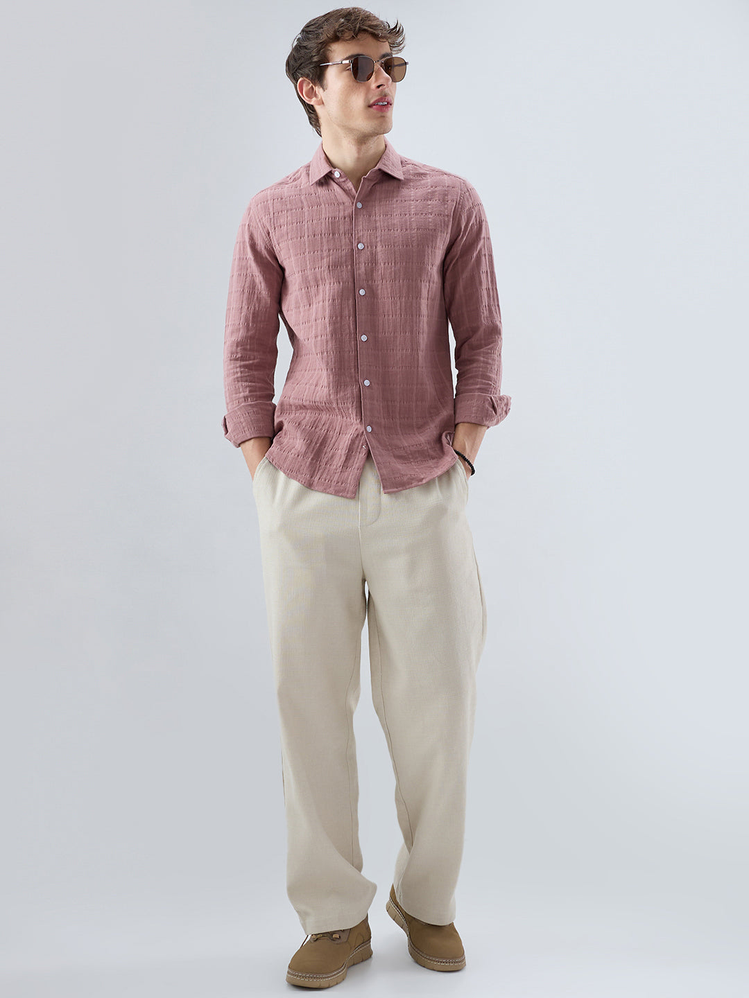 Dusty Peach Box Weave Seersucker Double Cloth Shirt
