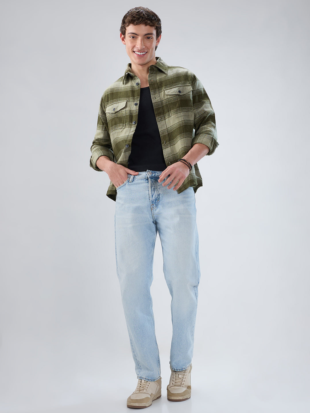 Forest Olive Grid Double Pocket Flannel Shirt