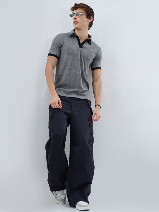 Zinc Grey Contrast Polo Neck Diamond Weave Knit T-shirt