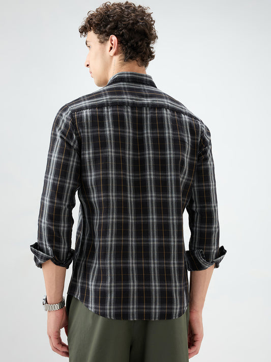 Rich Black Contrast Windowpane Checks Shirt