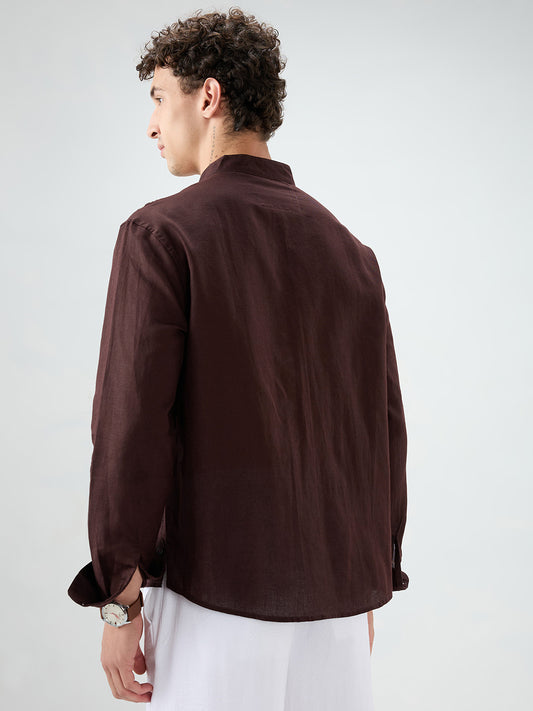 Espresso Brown Linen Blend Stand Collar Oversized Shirt