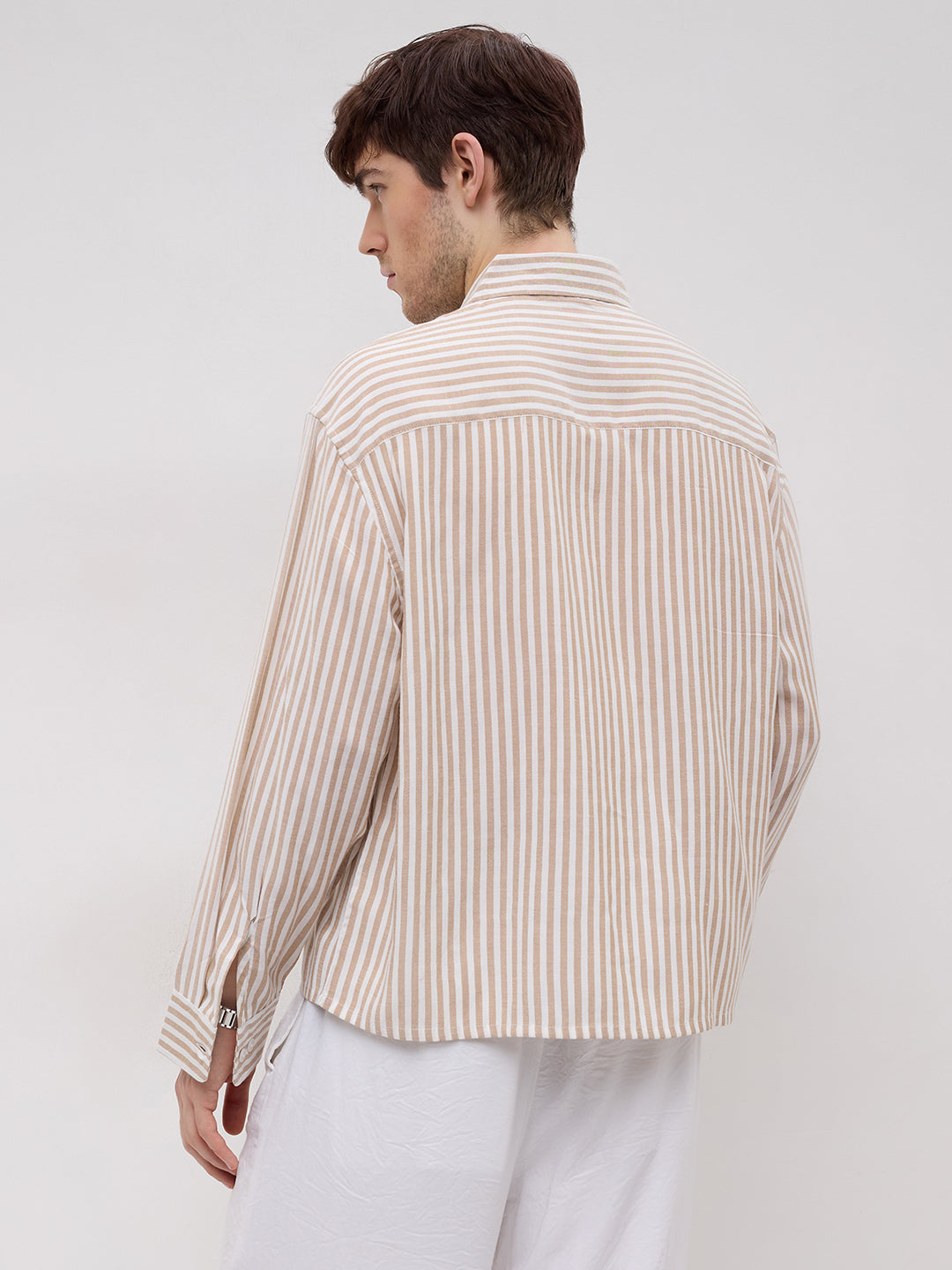 Timeless Khaki Striped Boxy Fit Crop Shirt