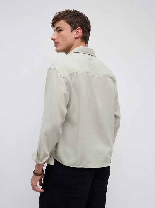 Sage Green Fine Weave Boxy Fit Crop Shirt
