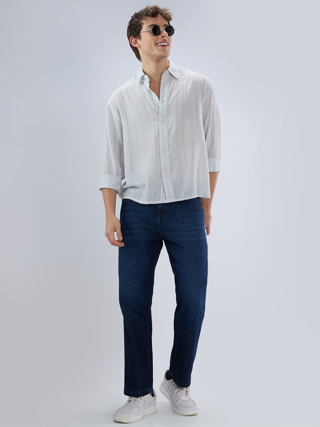 Elegant Cloud Grey Airstripe Crinkled Boxy Fit Crop Shirt