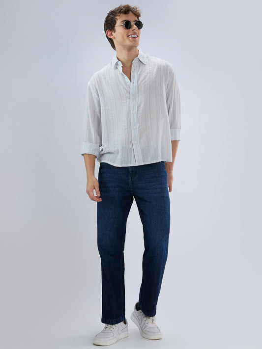 Elegant Cloud Grey Airstripe Crinkled Boxy Fit Crop Shirt