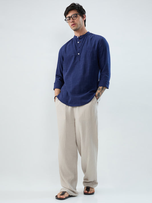 Minimal Night Blue Line Weave Kurta