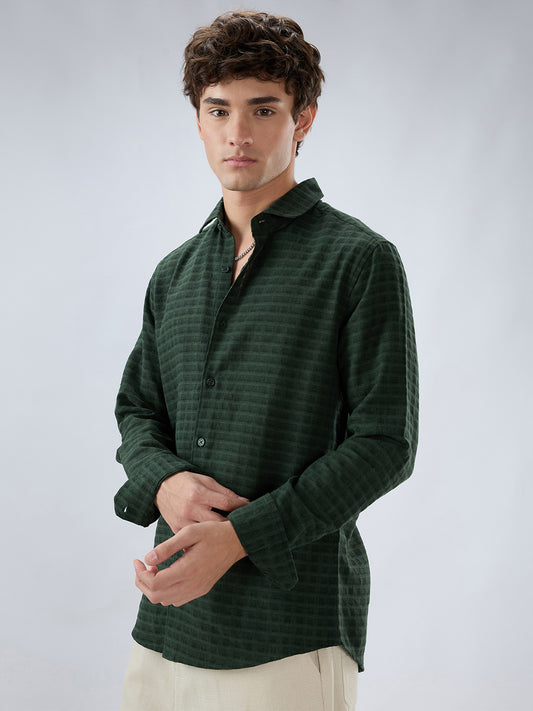 Emerald Green Horizontal Jacquard Striped Shirt
