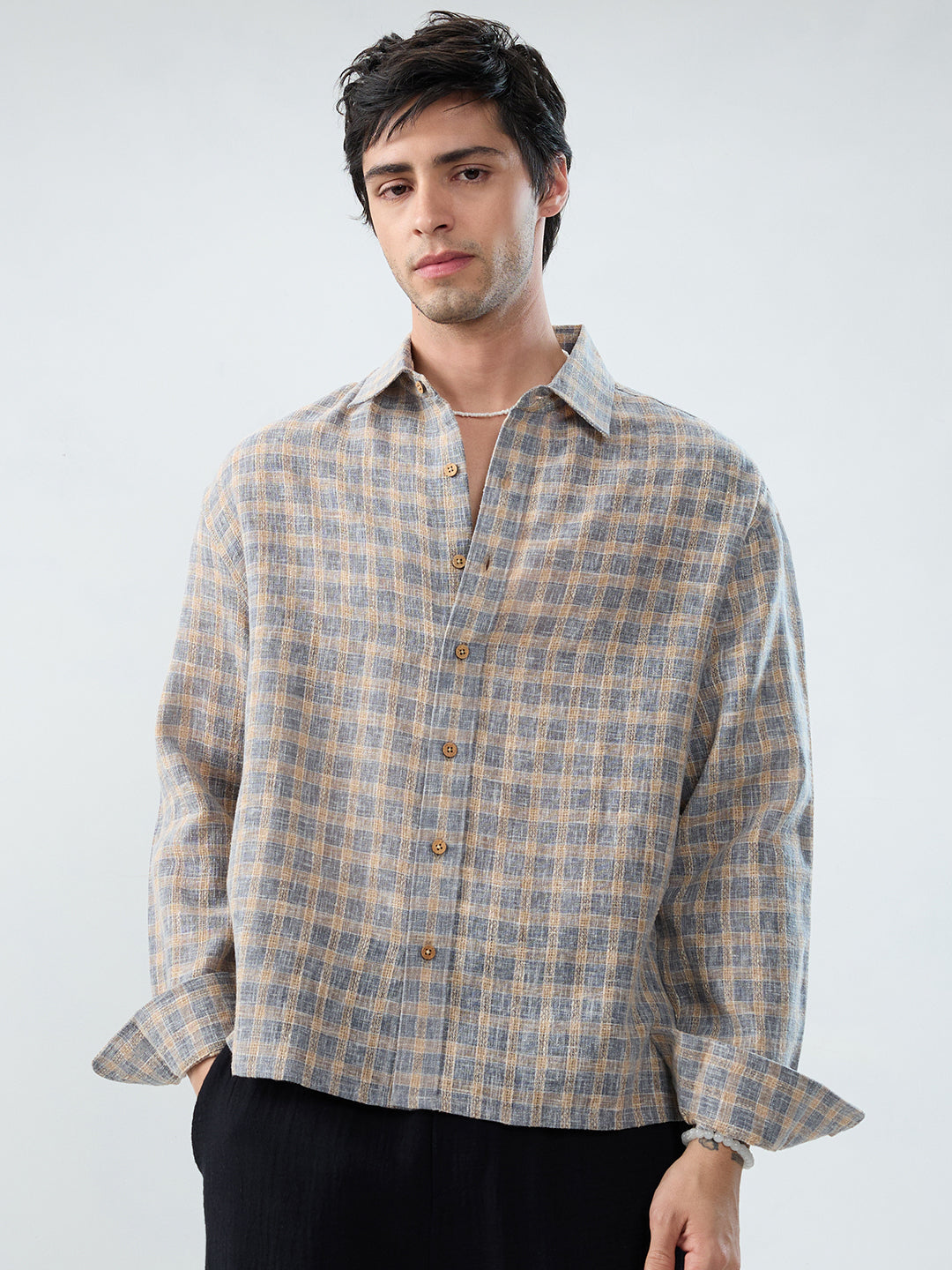 Fossil Grey Window Checks Linen Blend Boxy Fit Crop Shirt