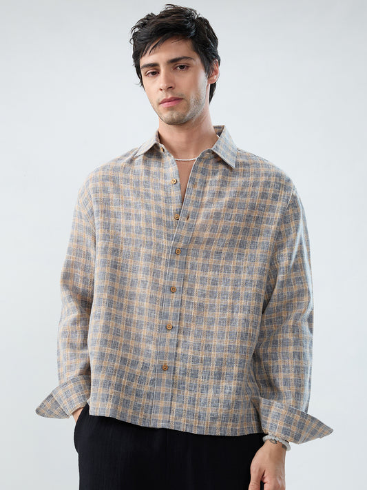 Fossil Grey Window Checks Linen Blend Boxy Fit Crop Shirt