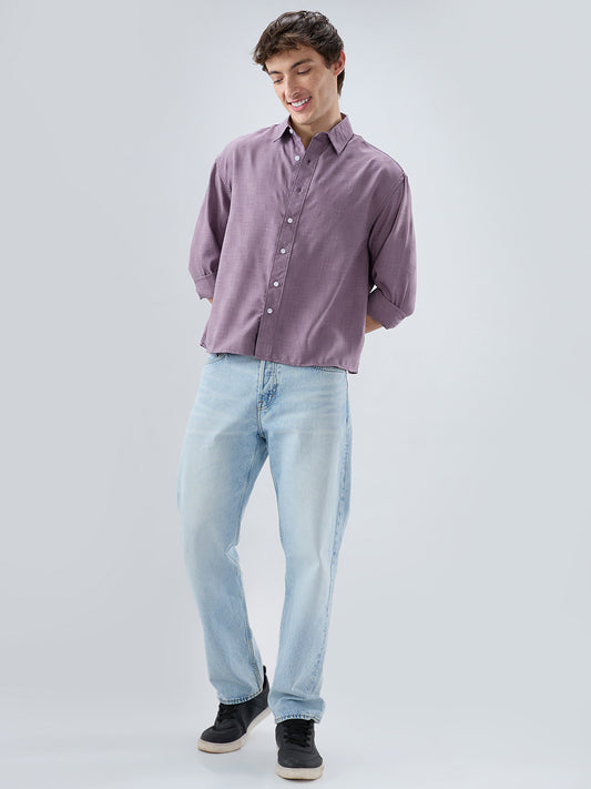 Heather Purple Soft Grid Textured Boxy Fit Crop Shirt