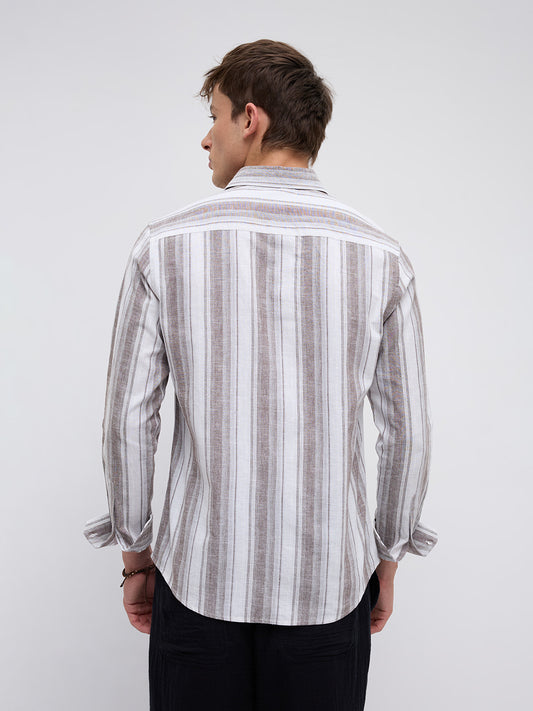 Saddle Brown & White Fine Striped Linen Blend Shirt