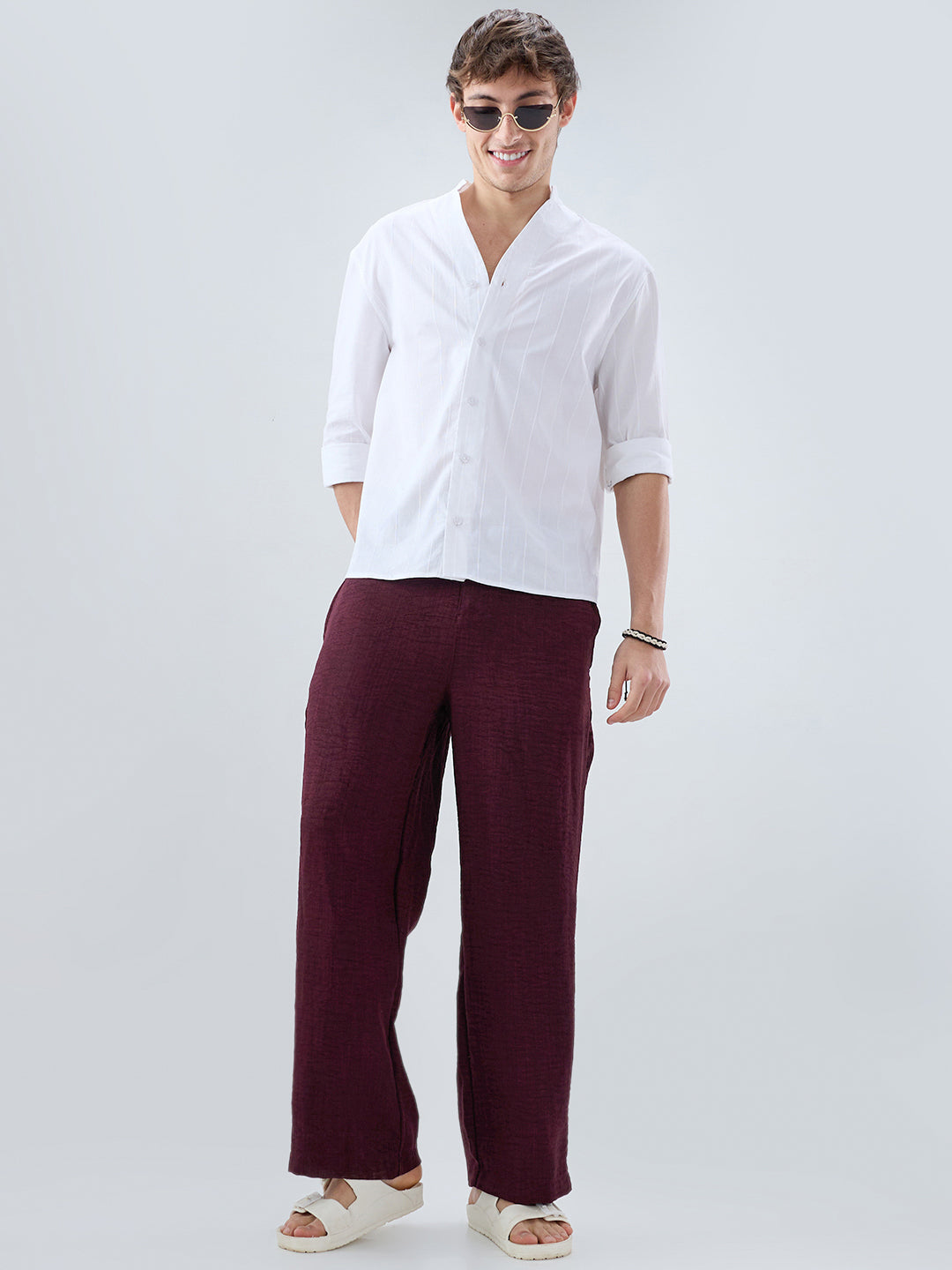 Maroon Slub Textured Wide-Leg Trousers
