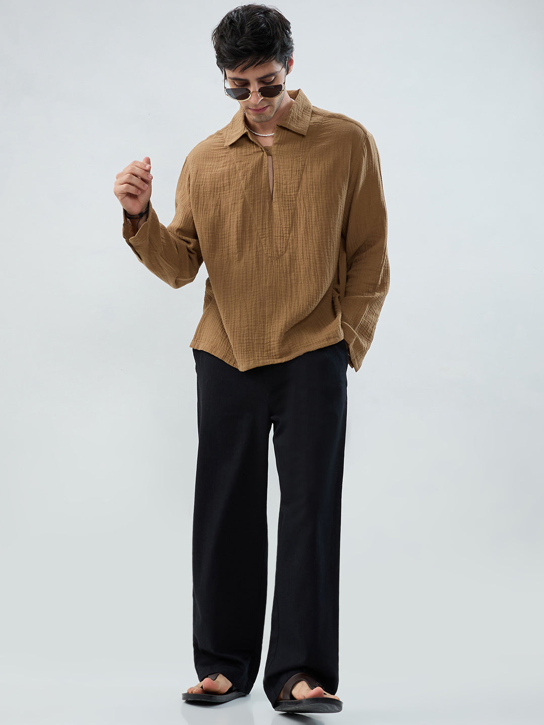 Warm Tan Textured Cuffless Double Cloth Oversized Shirt
