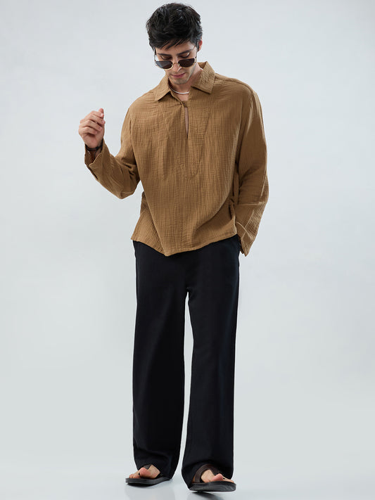 Warm Tan Textured Cuffless Double Cloth Oversized Shirt