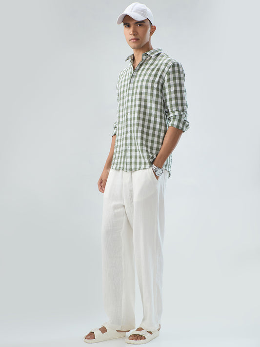 Plush Forest Green & White Gingham Checks Crinkled Shirt