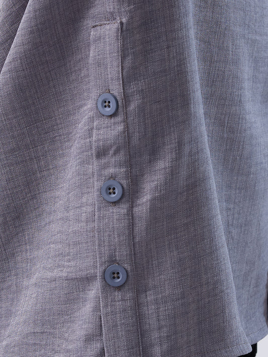 Pebble Grey Slub Textured Side-Slit Button Oversized Crop Shirt