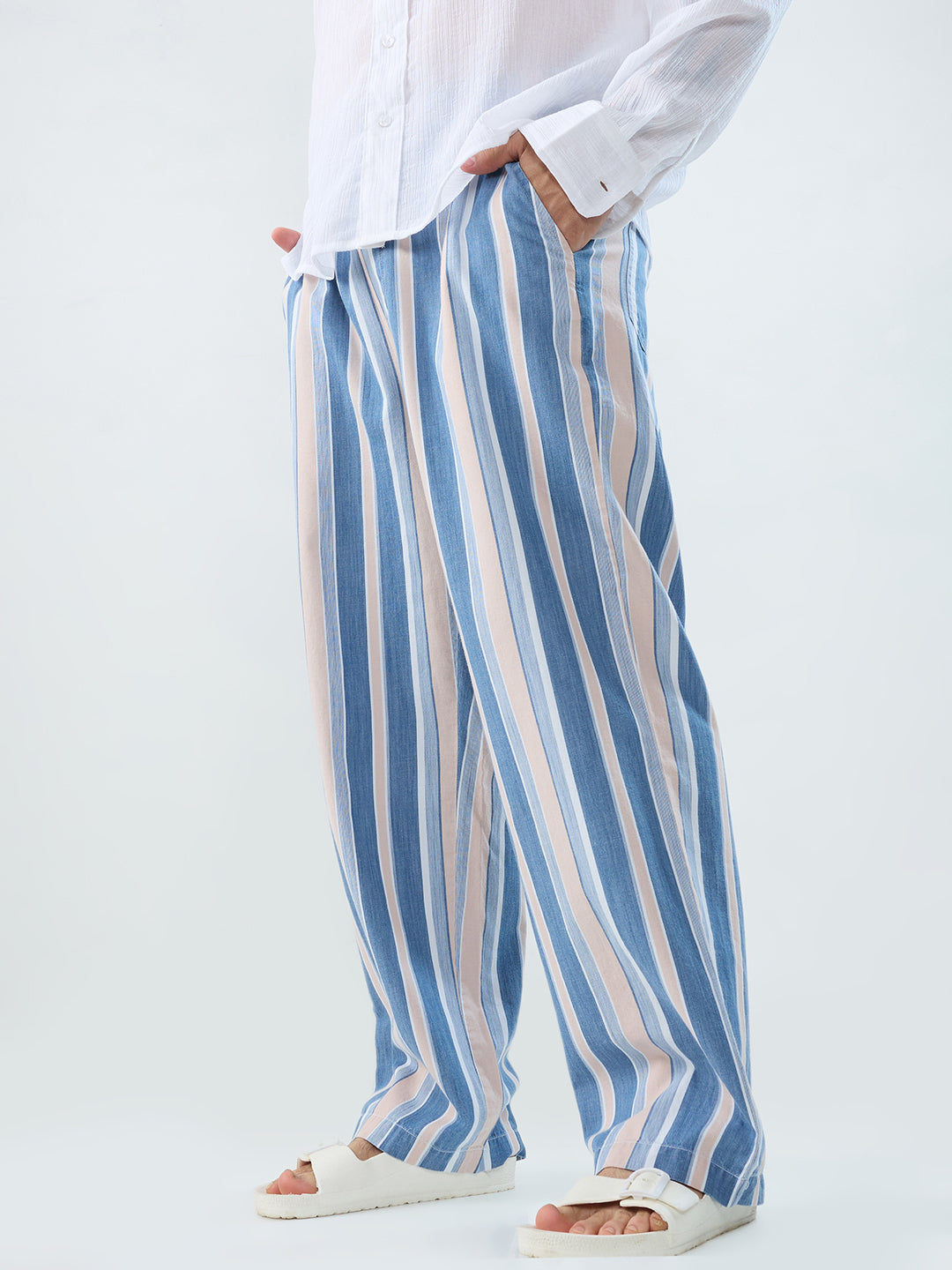 Multi-Tone Denim Striped Straight Fit Trousers