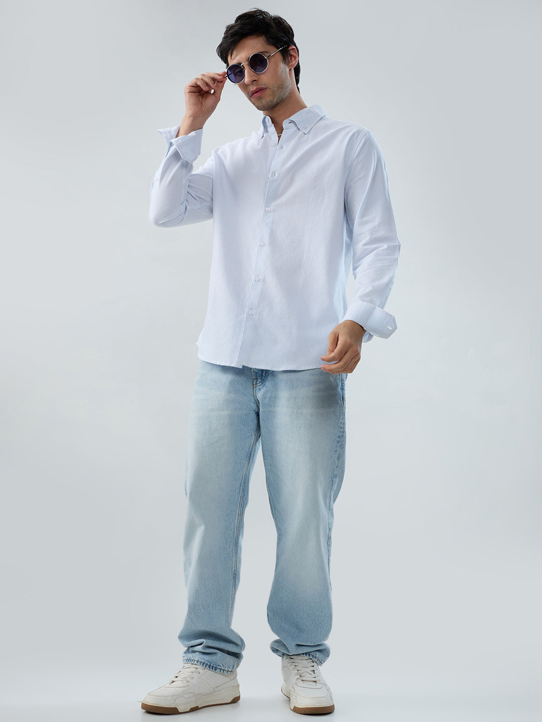 Ice Mist Blue Fine Striped Button-Down Collar Business Shirt