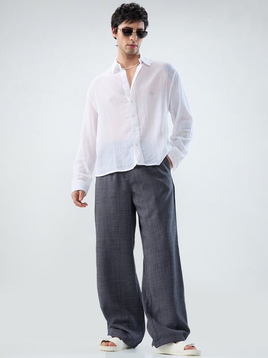 Charcoal Grey Slub Textured Wide-Leg Trousers