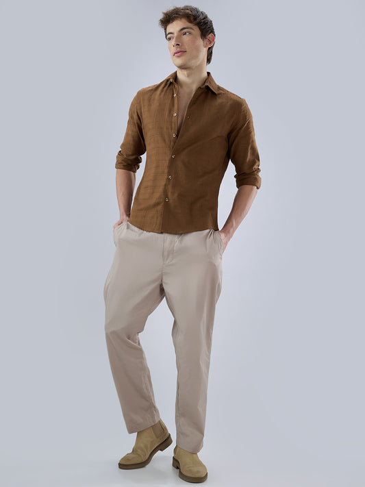 Russet Brown Micro Grid Weave Textured Shirt