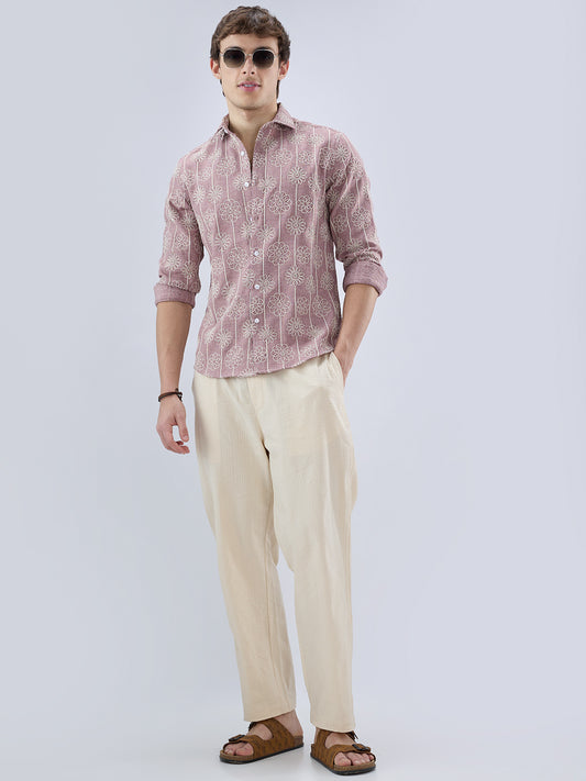 Rouge Pink Floral Embroidered Slub Shirt