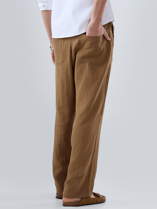 Classic Caramel Brown Double Cloth Straight-Fit Trousers