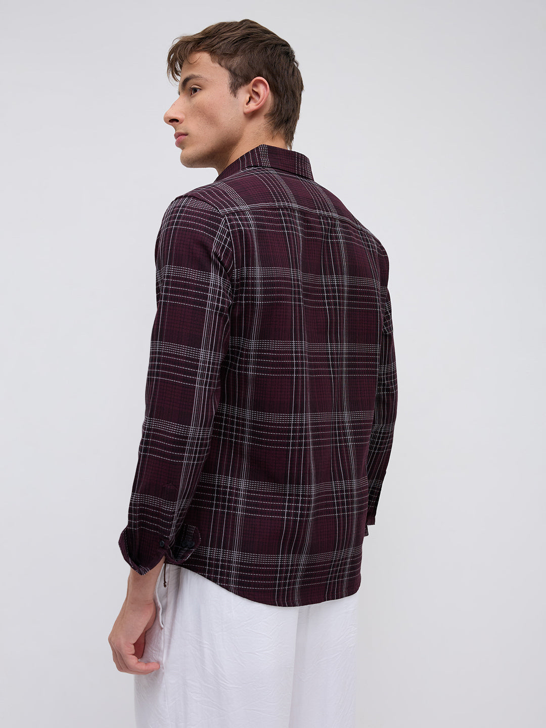 Refined Maroon & White Contrast Checks Shirt