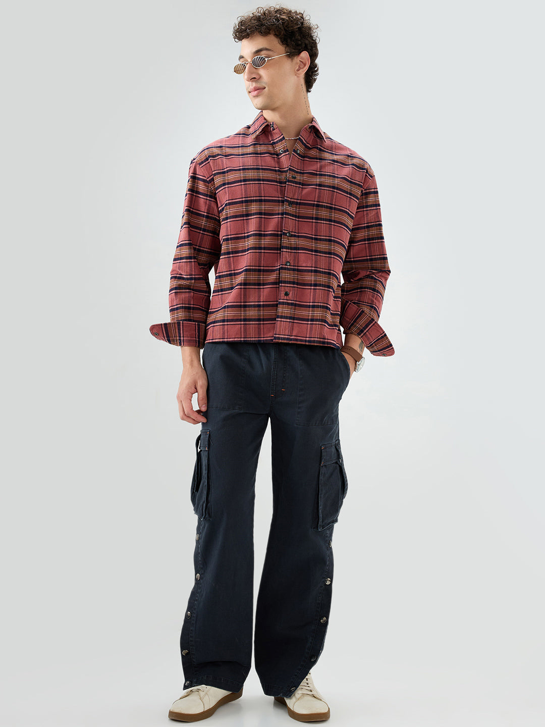Rosewood Plaid Checks Boxy Fit Crop Cord Shirt