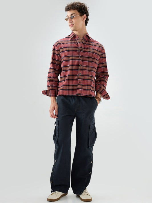 Rosewood Plaid Checks Boxy Fit Crop Cord Shirt