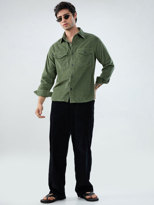 Green Mossline Structured Corduroy Double Pocket Overshirt