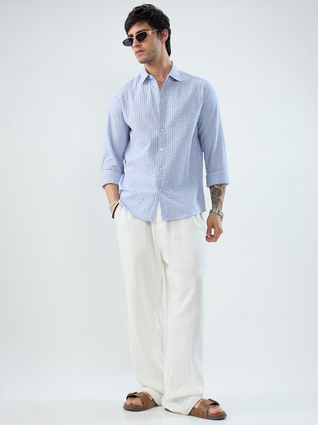 Frost White Azure Fine Striped Seersucker Shirt
