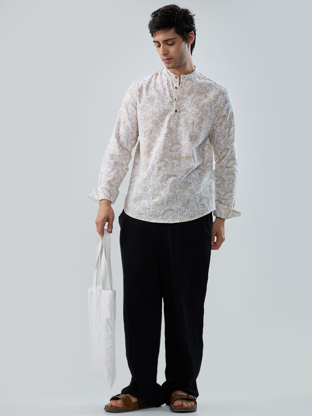 Classic Beige Leaf Printed Kurta